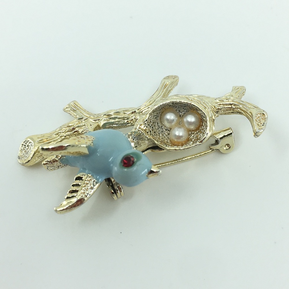 Vintage Gerry's Blue Enamel Bird Pearls Eggs Nest Brooch Pin 60’s Mid Century - Picture 6 of 8